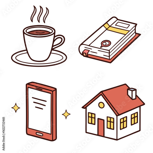 Illustration of coffee, book, phone, and house isolated on white background
