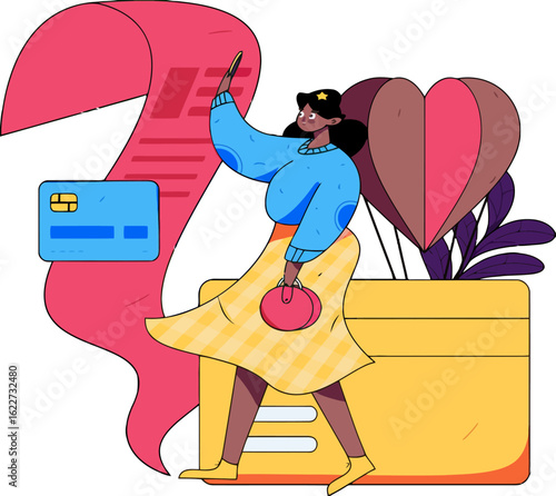 Stylish woman manages finances with credit card, digital payments, and online banking, promoting financial literacy and independence in a modern, vibrant way for financial success
