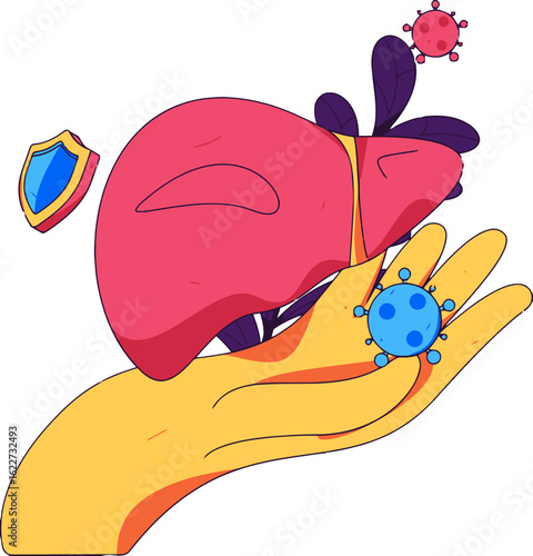 Protecting liver health with cartoon illustration, showcasing liver wellness and prevention against diseases, fostering a sense of safety and care, promoting liver awareness and vitality