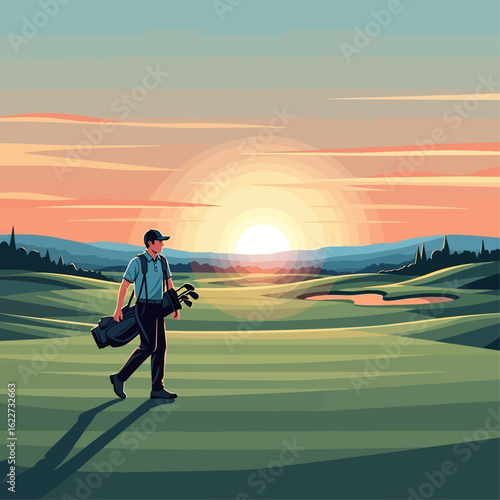 Golfer walking across a verdant golf course at sunset, carrying his clubs.