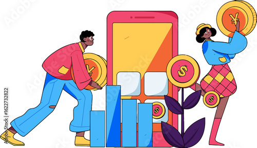 Unlock financial success with mobile investing and smart currency management featuring diverse individuals leveraging technology for growth and wealth building, a modern finance illustration