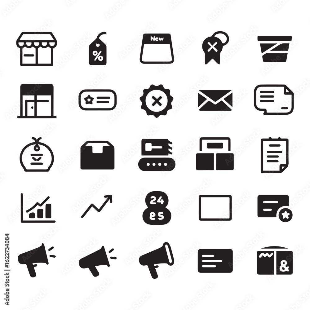 Set of 30 black line-art icons for small online business owners, all on a pure white background. Set of 30 black line-art icons for small online business owners, all on a pure white background.