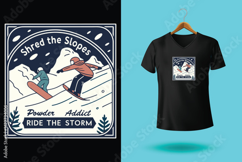 Snowboarder is having fun riding down a snowy mountainside in a cool, vintage style illustration. This design is perfect for winter sports enthusiasts
