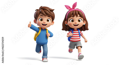 Happy kids running to school with backpacks