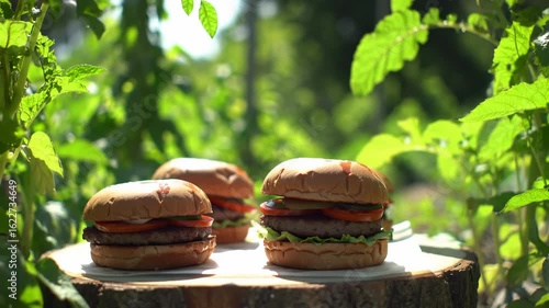 Burgers on a rustic wooden stump in a garden setting