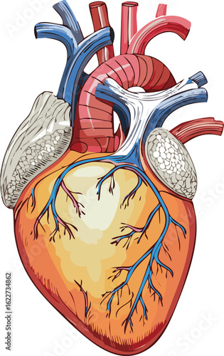 Detailed anatomical illustration of a human heart, showcasing its chambers and blood vessels.