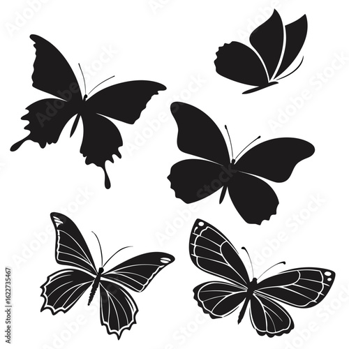 Collection of five black butterfly silhouettes in various poses on a white background insect wing