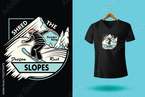 Snowboarder is having fun riding down a snowy mountainside in a cool, vintage style illustration. This design is perfect for winter sports enthusiasts