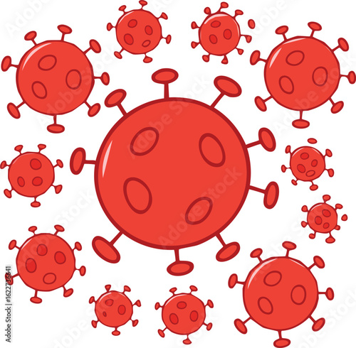 Red virus cells cluster, varying sizes, cartoon style illustration.