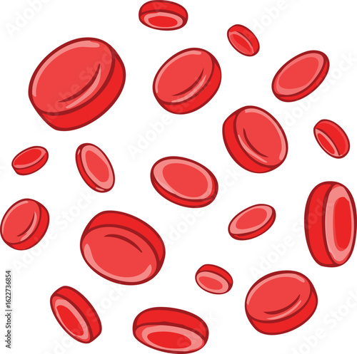 Red blood cells scattered in a dynamic, circular pattern against a white background.