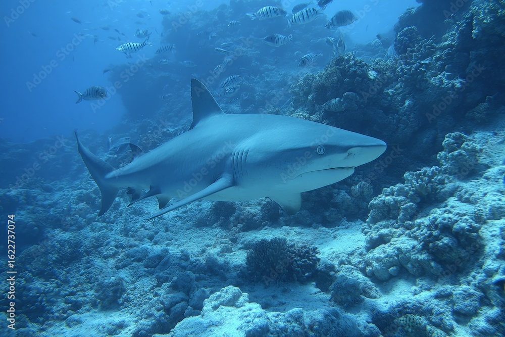Fototapeta premium Shark swimming gracefully over a vibrant coral reef in clear blue water during midday