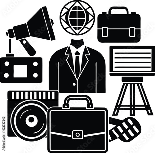 A black vector icon set featuring travel-related illustrations like a suitcase and briefcase, perfect for web and business design, silhouette, simple, transportation, branding