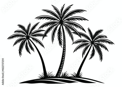 Silhouette of three palm trees on a small island with grass against a white background tropical beach