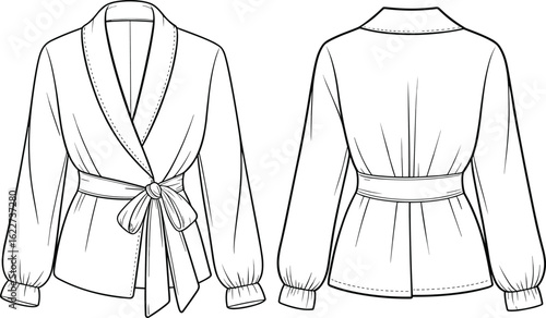 Women blouse fashion flat, long sleeve wrap top, tied waist shirt, front and back view, technical sketch, clothing design