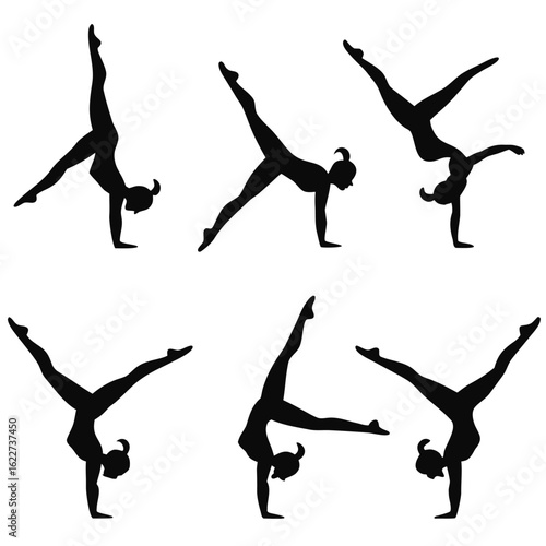 Six black silhouettes of a female gymnast performing handstand and split poses on a white background