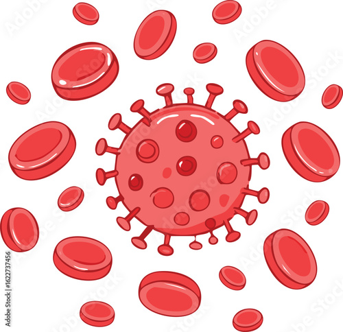 A virus particle surrounded by red blood cells, illustrating infection.
