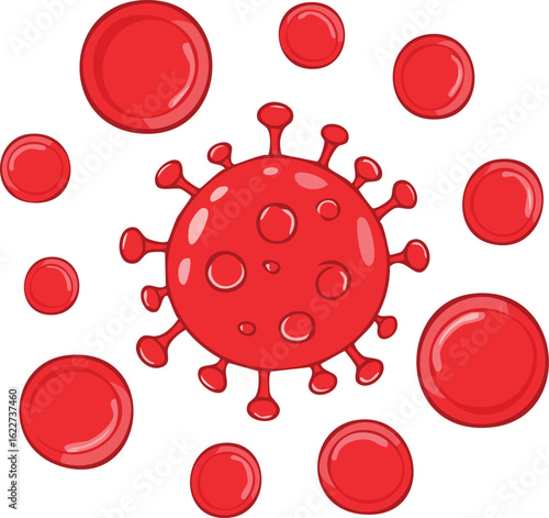 Illustration of a red virus cell surrounded by several red blood cells, isolated on white.