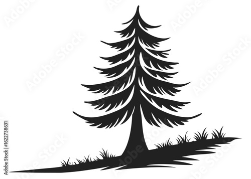 Stylized Silhouette of a Pine Tree with Grass on a White Background evergreen conifer