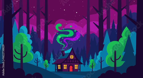 Cozy cabin in the woods with colorful smoke at night  