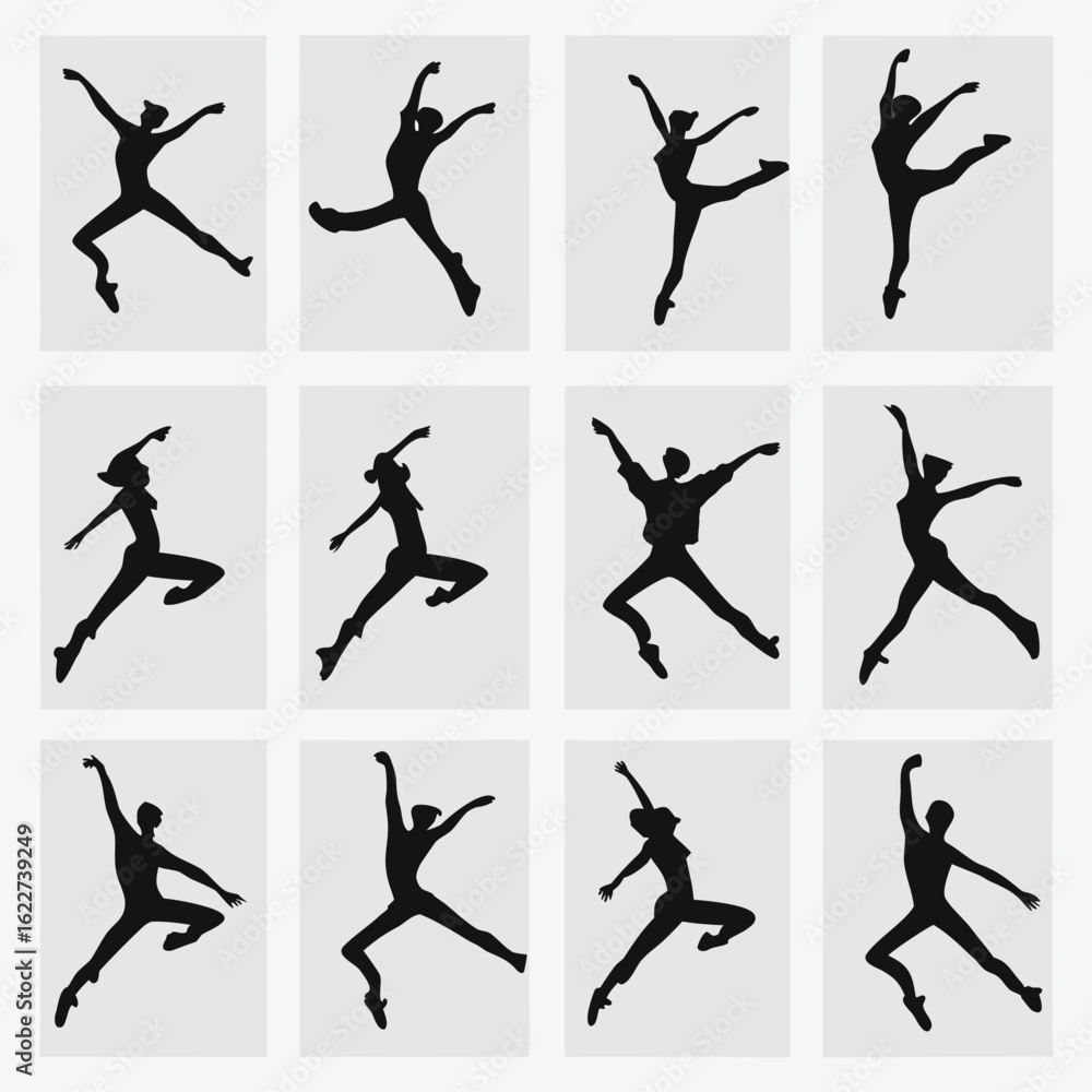 Fototapeta premium Twelve Silhouettes of Dancers in Dynamic Poses on Light Gray Background movement