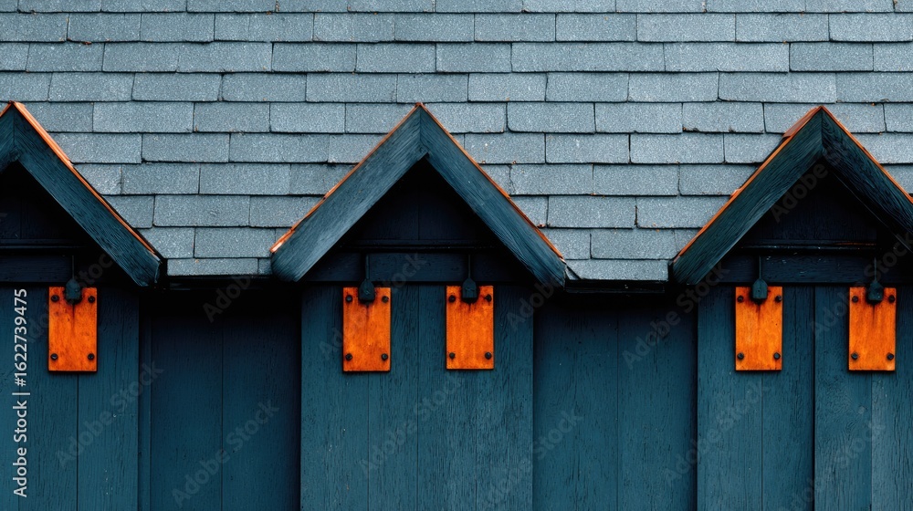 Dark teal wooden siding with orange accents and gray shingle roof. Dark teal wooden siding with orange accents and gray shingle roof.