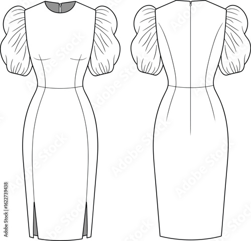 Women’s puff sleeve dress flat sketch, elegant midi dress, fitted silhouette, front slit, high neckline, stylish formal wear, fashion design
