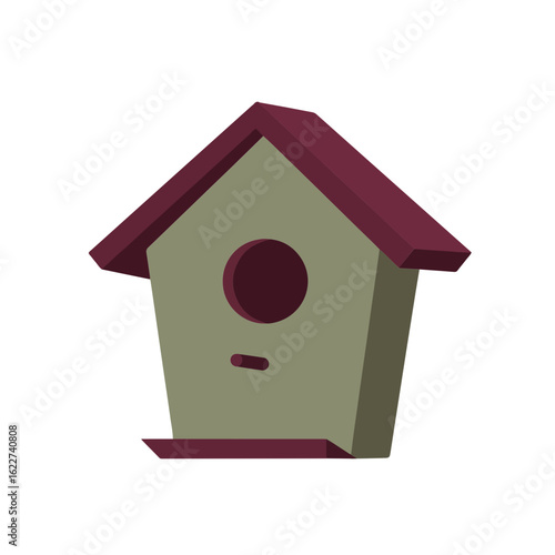 Stylized birdhouse silhouette in earth tones with burgundy accent on white background, nature concept