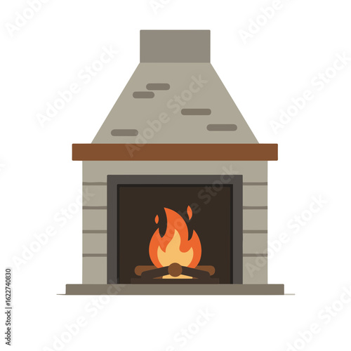 Stylized fireplace with flames in earth tones on white background