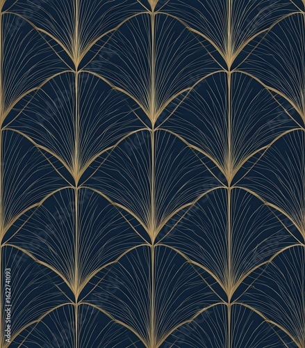 seamless art deco peacock feather pattern in gold and navy blue