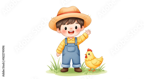 Happy Little Farmer Boy with Chicken on Farm