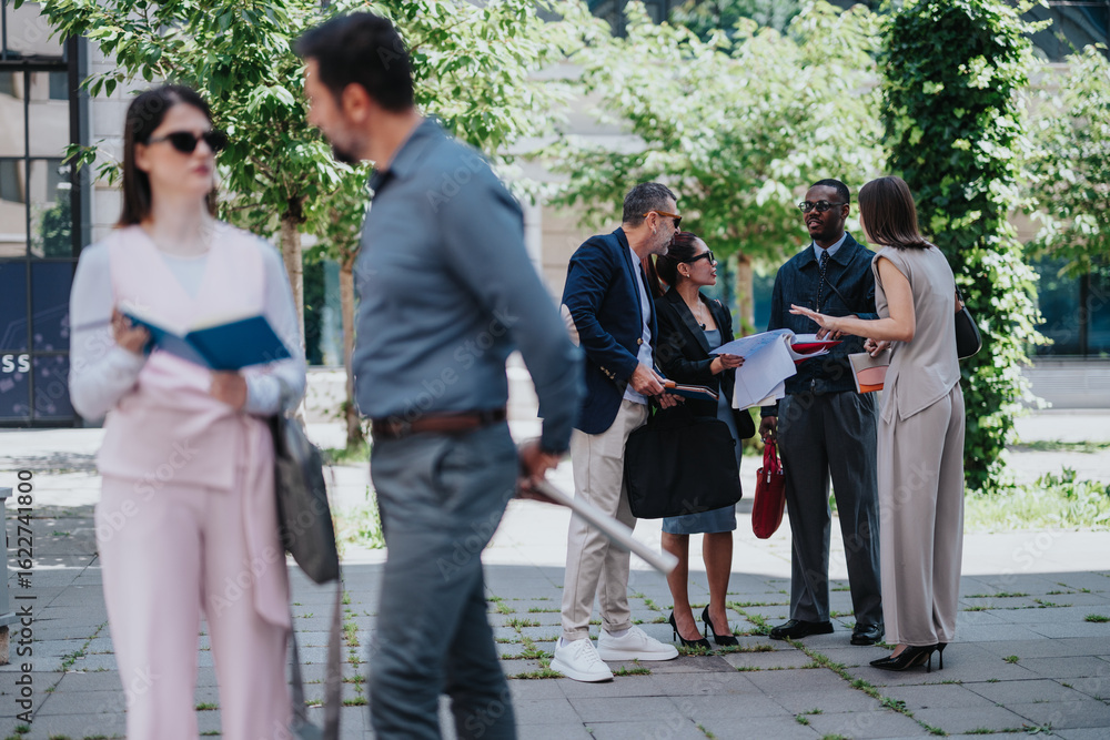 Obraz premium A group of diverse business people engaging in a discussion outdoors, exchanging documents, and sharing ideas while standing in a modern, leafy urban setting.
