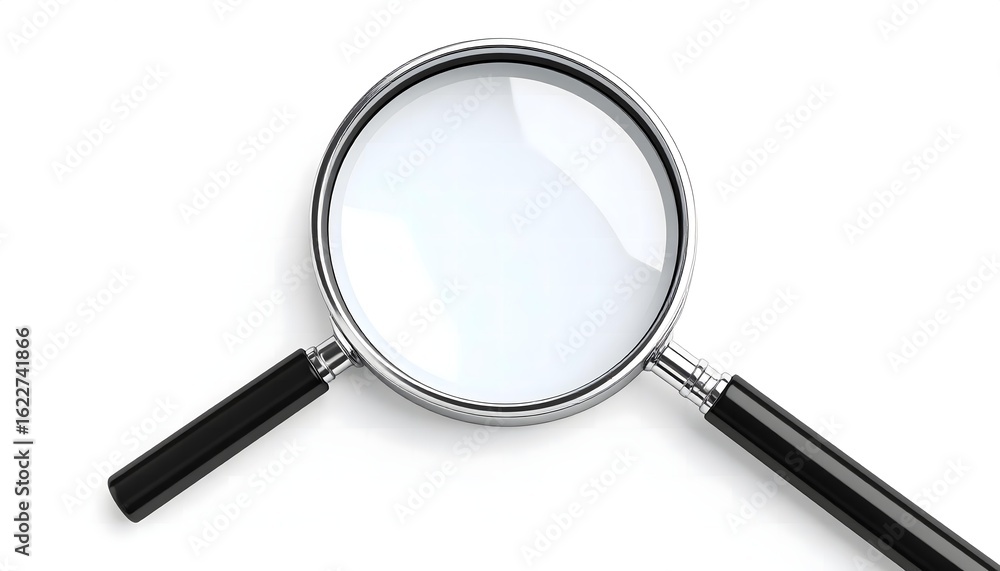 A classic metal and black magnifying glass lies isolated on a clean white background, symbolizing search, discovery, and investigation. A classic metal and black magnifying glass lies isolated on a clean white background, symbolizing search, discovery, and investigation.