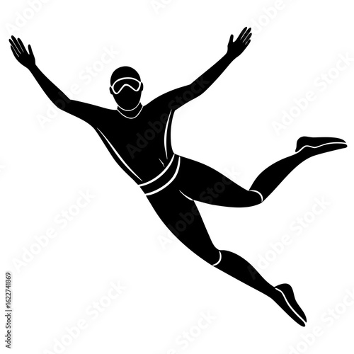 Black silhouette of a free diver in motion underwater