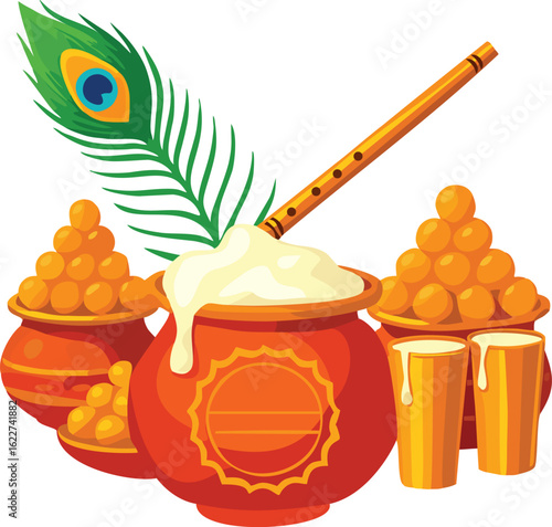 A Divine Janmashtami Celebration with Krishna's Symbols and dahi handi
