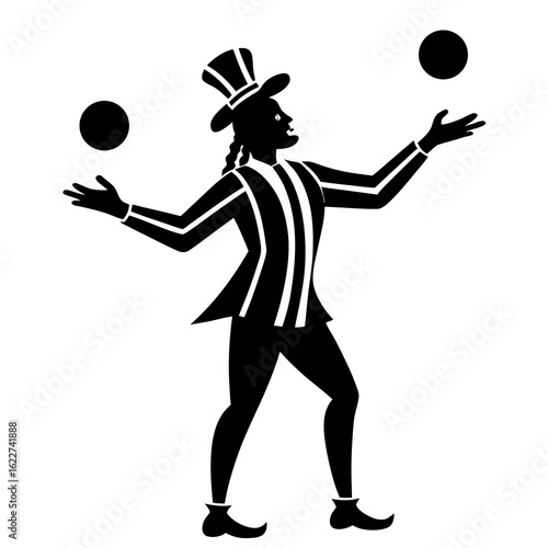 Black silhouette of a juggler with striped clothing and a top hat