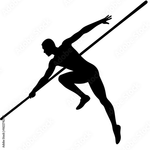 Black silhouette of a pole vaulter in motion athlete