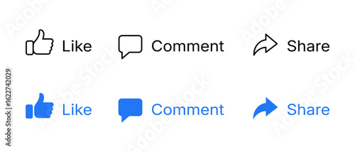 Like, Comment, Share of social media icons. Like button, thumb up, comment, repost, and share icon buttons. Vector illustration