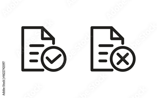 Two outlined document icons representing approval and rejection, suitable for UI elements or business process design.