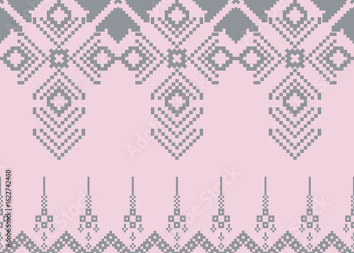 Pink Pixel Tribal Diamond and Stupa Pattern – Soft Gray Ethnic Cross Stitch Fabric Design for Embroidery or Digital Textile Art