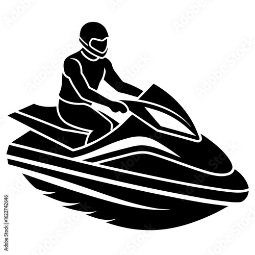 Black vector silhouette of jet ski rider white