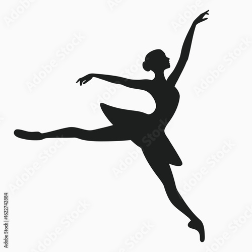 Silhouette of a female ballet dancer in a graceful pose with a tutu on a white background Keywords: ballet dancer, silhouette, female, woman, dancer, ballerina, graceful, pose, dance, movement