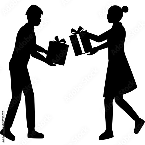 Figures exchanging wrapped presents people gifts
