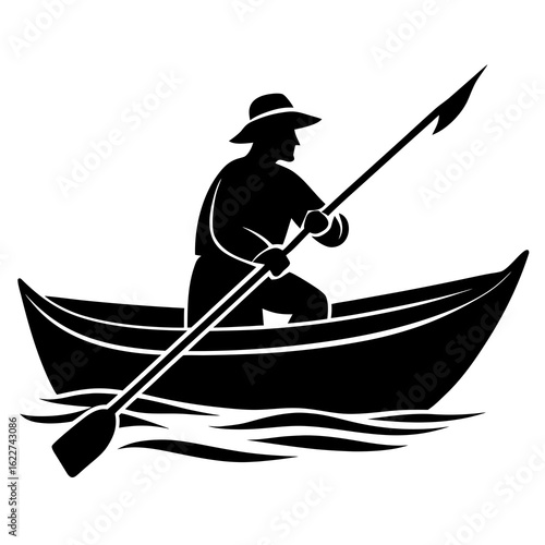 Fisherman rowing boat with spear fishing