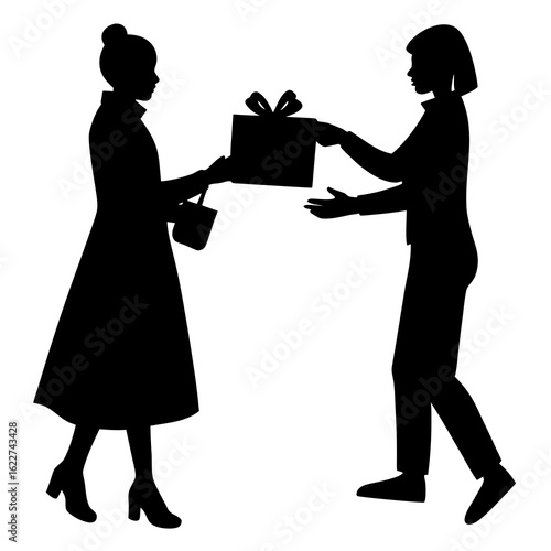 People exchanging gift silhouette exchange black
