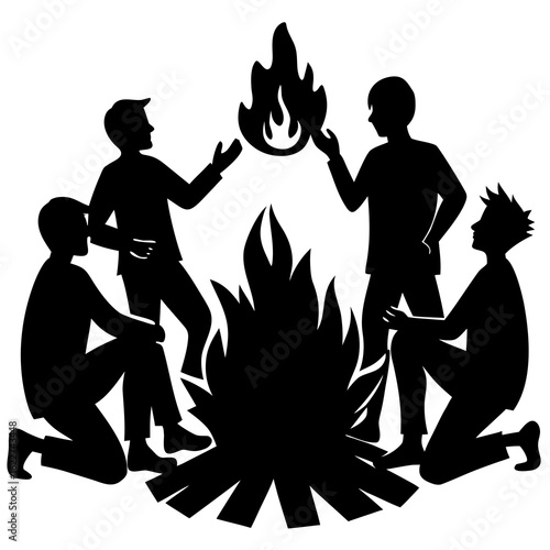 People gathered around bonfire silhouette gathering
