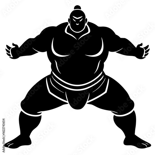 Sumo wrestler black silhouette in stance white sport