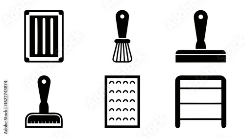 Collection of black and white cleaning tool icons on a white background