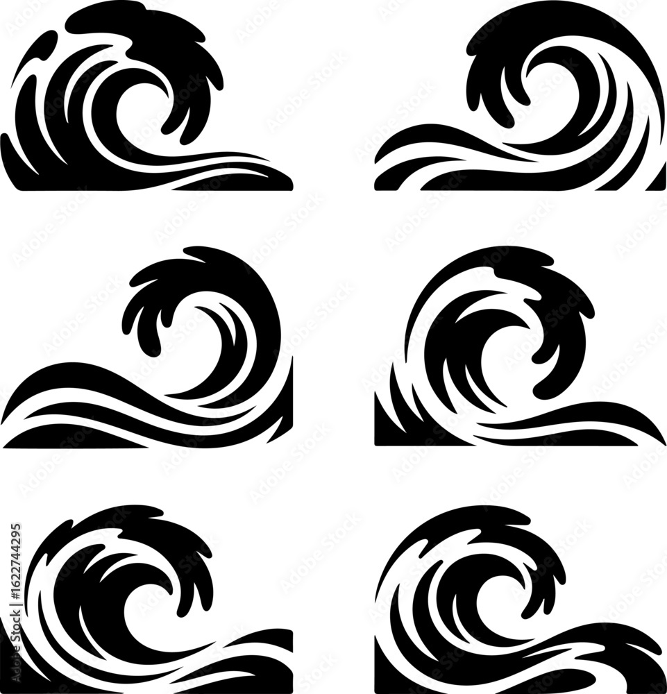 Fototapeta premium 6 unique black silhouette vector illustrations of abstract wave shapes