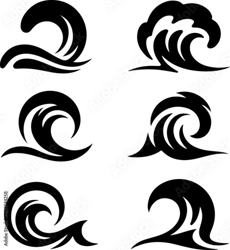  6 unique black silhouette vector illustrations of abstract wave shapes