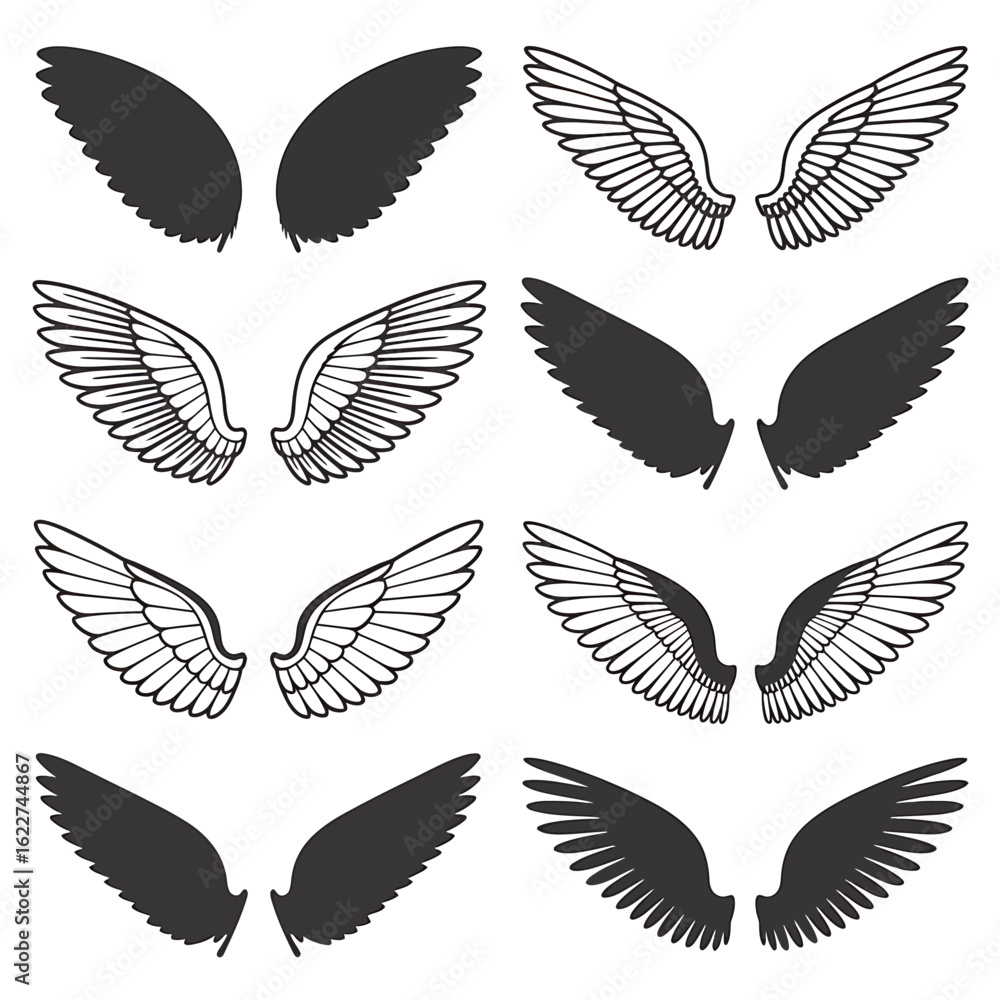 Obraz premium Variety of Angel Wings and Feathered Wings Illustrations for Creative Design Projects and Artistic Representations